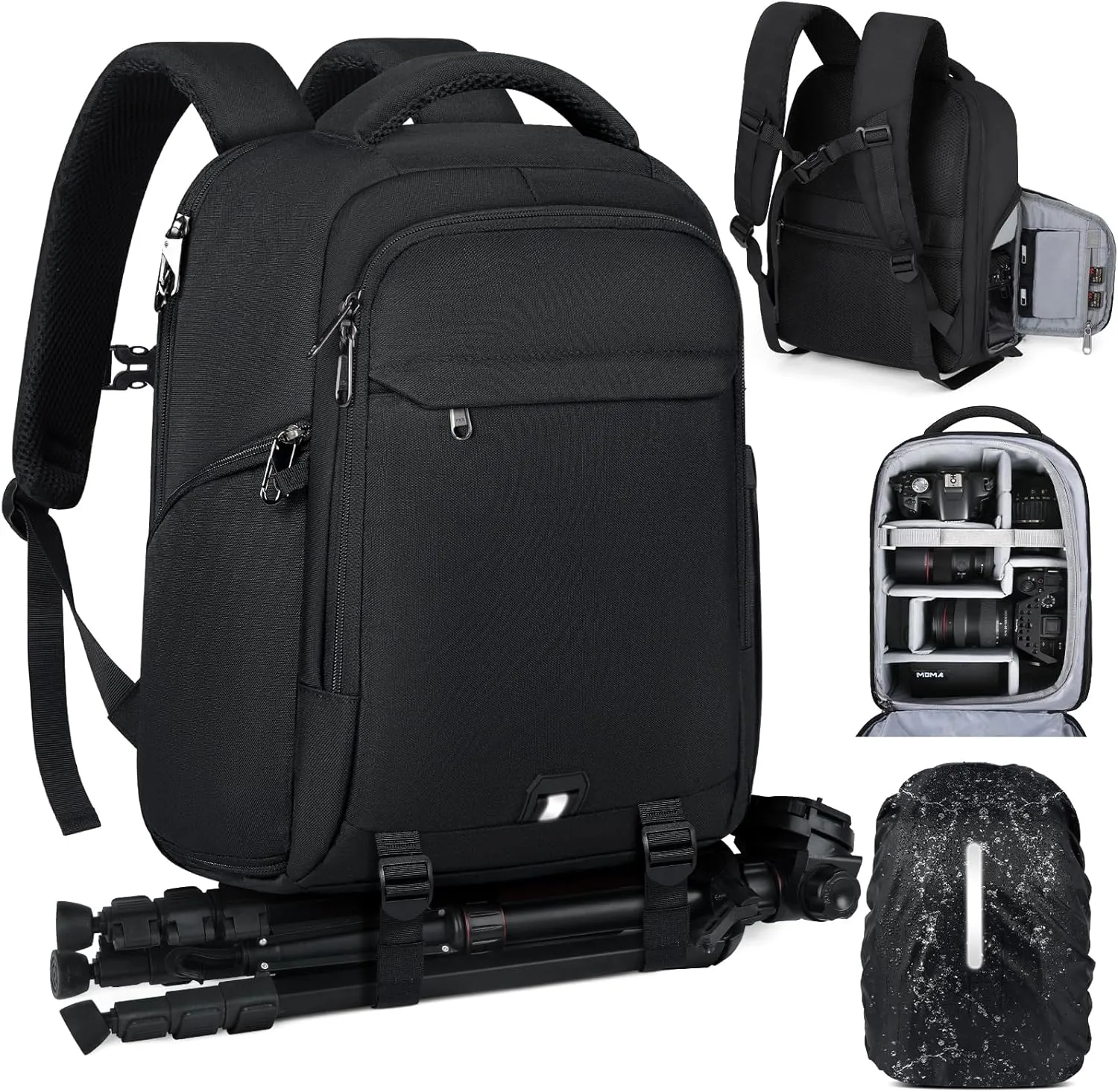 RAINSMORE Camera Backpack Camera Bag for Photographer DSLR SLR Mirrorless Camera Cases with Waterproof Rain Cover & Laptop Compartment Fit 15.6 Inch Laptop,Anti Theft Travel photography backpack,Black