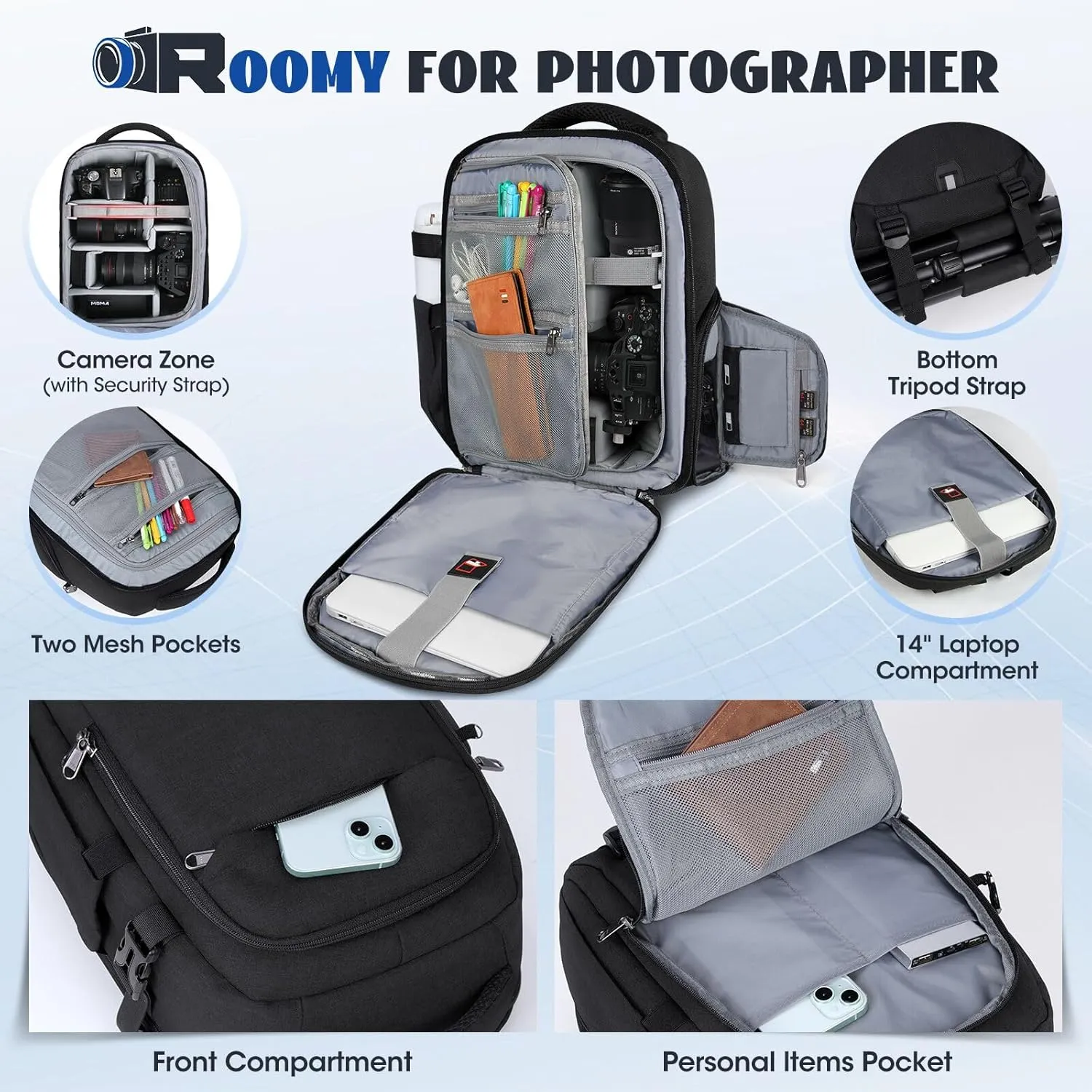 RAINSMORE Camera Backpack Camera Bag for Photographer DSLR SLR Mirrorless Camera Cases with Waterproof Rain Cover & Laptop Compartment Fit 15.6 Inch Laptop,Anti Theft Travel photography backpack,Black