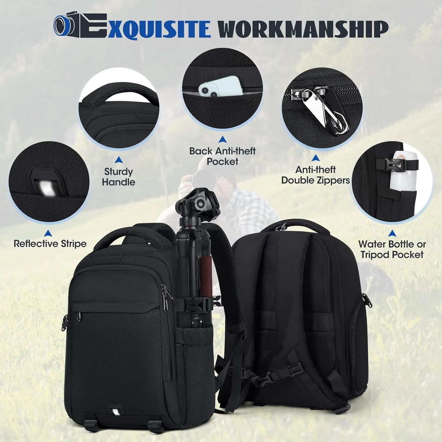 RAINSMORE Camera Backpack Camera Bag for Photographer DSLR SLR Mirrorless Camera Cases with Waterproof Rain Cover & Laptop Compartment Fit 15.6 Inch Laptop,Anti Theft Travel photography backpack,Black