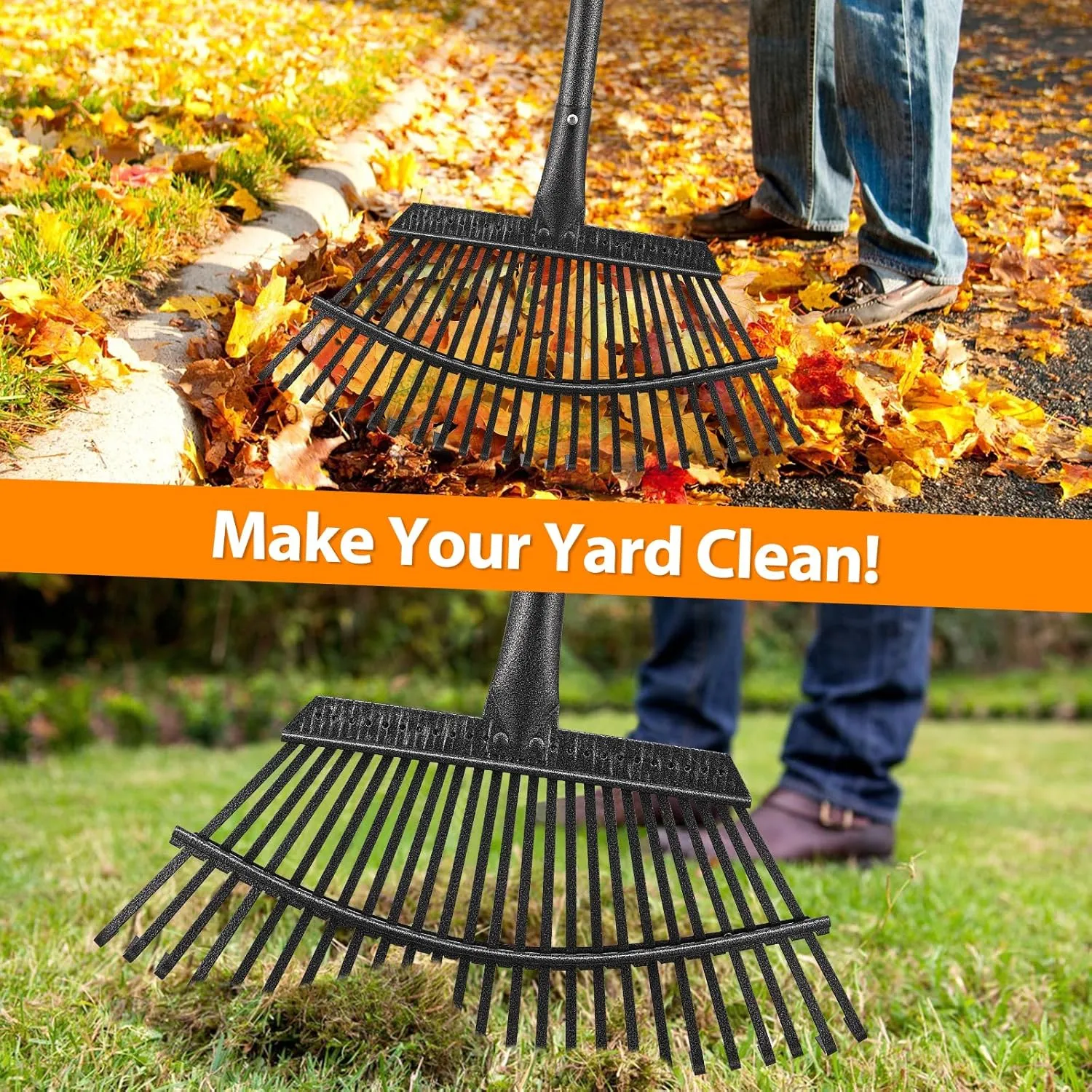 Rake, Garden Rake for Leaves, Heavy Duty Metal Leaf Rakes with 37-65 inch Adjustable Steel Handle, 25 Tines 18" Wide Rake Garden Tools for Lawns Yard Flower Bed Grass Mulch Shrub Camping Gardening