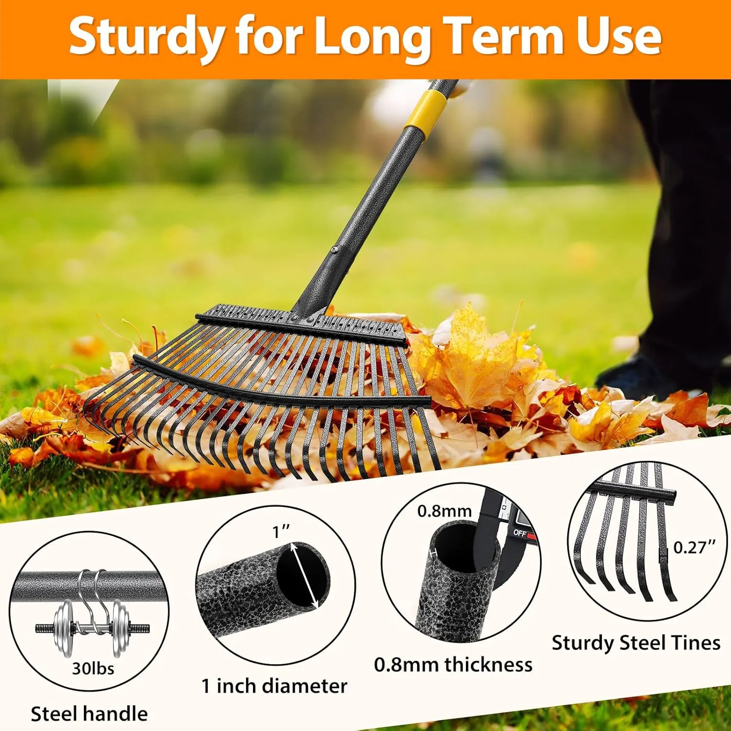 Rake, Garden Rake for Leaves, Heavy Duty Metal Leaf Rakes with 37-65 inch Adjustable Steel Handle, 25 Tines 18" Wide Rake Garden Tools for Lawns Yard Flower Bed Grass Mulch Shrub Camping Gardening