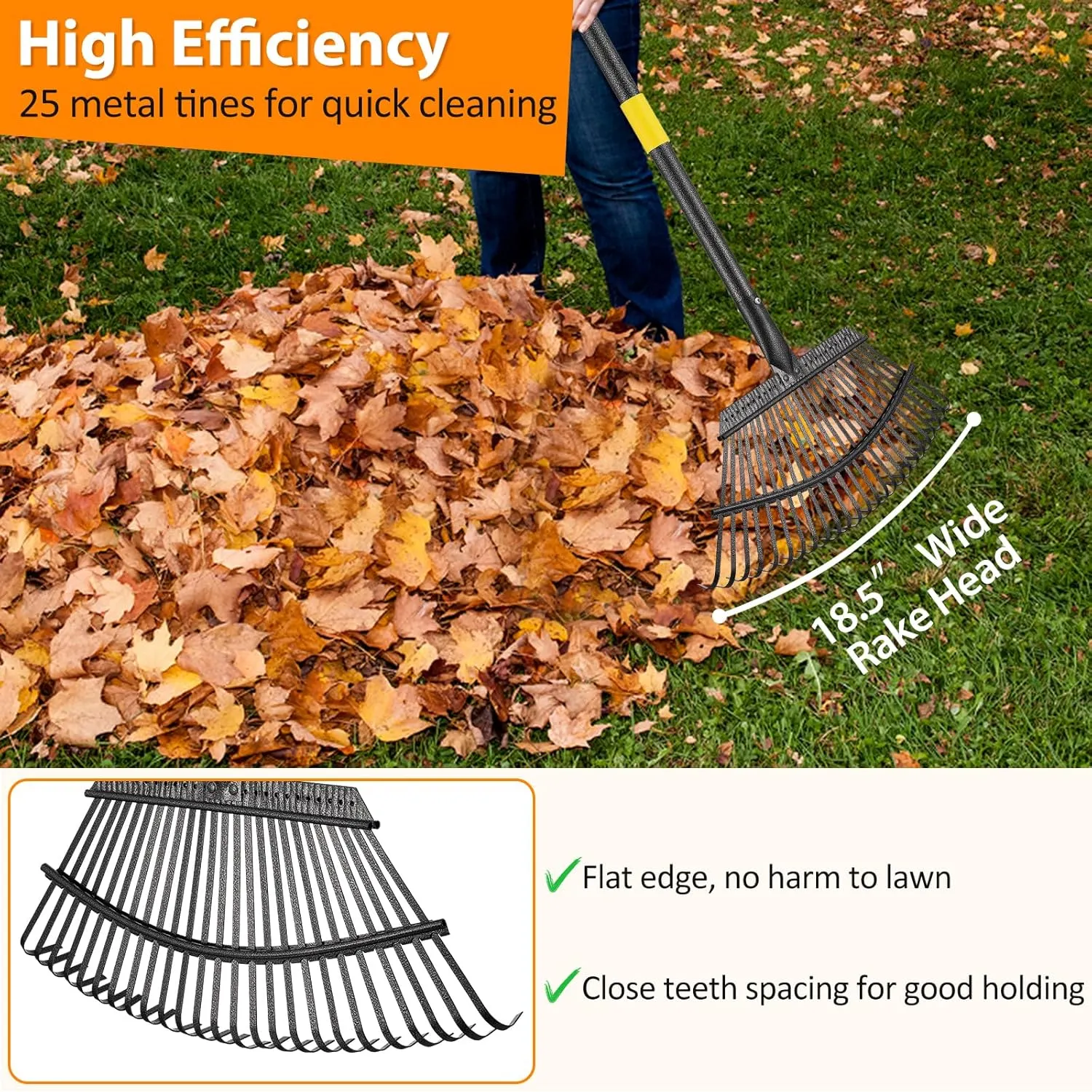 Rake, Garden Rake for Leaves, Heavy Duty Metal Leaf Rakes with 37-65 inch Adjustable Steel Handle, 25 Tines 18" Wide Rake Garden Tools for Lawns Yard Flower Bed Grass Mulch Shrub Camping Gardening