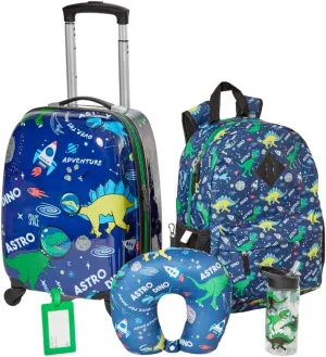 RALME 5 Pc. Boys’ Dinosaur Space Rolling Suitcase Set with Backpack, Neck Pillow, Water Bottle, and Luggage
