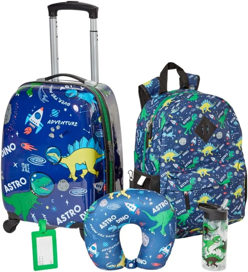 RALME 5 Pc. Boys’ Dinosaur Space Rolling Suitcase Set with Backpack, Neck Pillow, Water Bottle, and Luggage