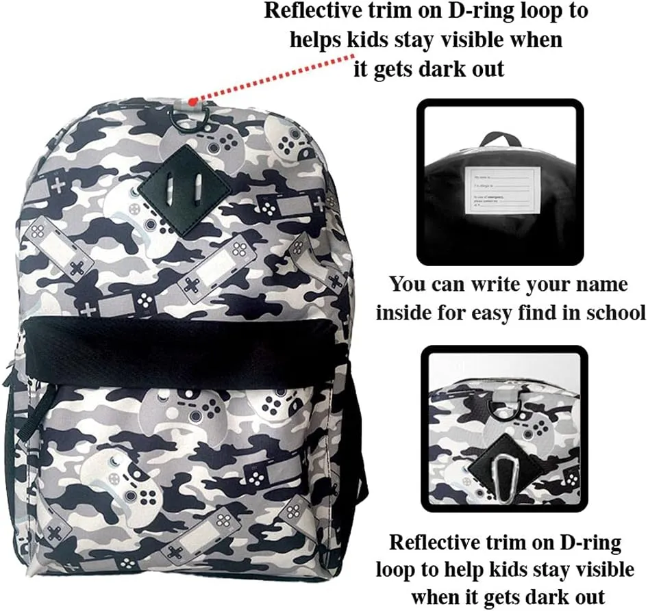 RALME Grey Gaming Camo Backpack Set for Boys & Girls, 16 inch, 6 Pieces - Includes Foldable Lunch Bag, Water Bottle, Key Chain, & Pencil Case
