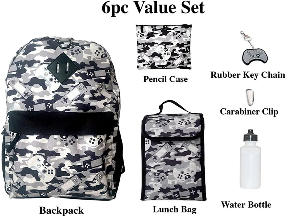 RALME Grey Gaming Camo Backpack Set for Boys & Girls, 16 inch, 6 Pieces - Includes Foldable Lunch Bag, Water Bottle, Key Chain, & Pencil Case