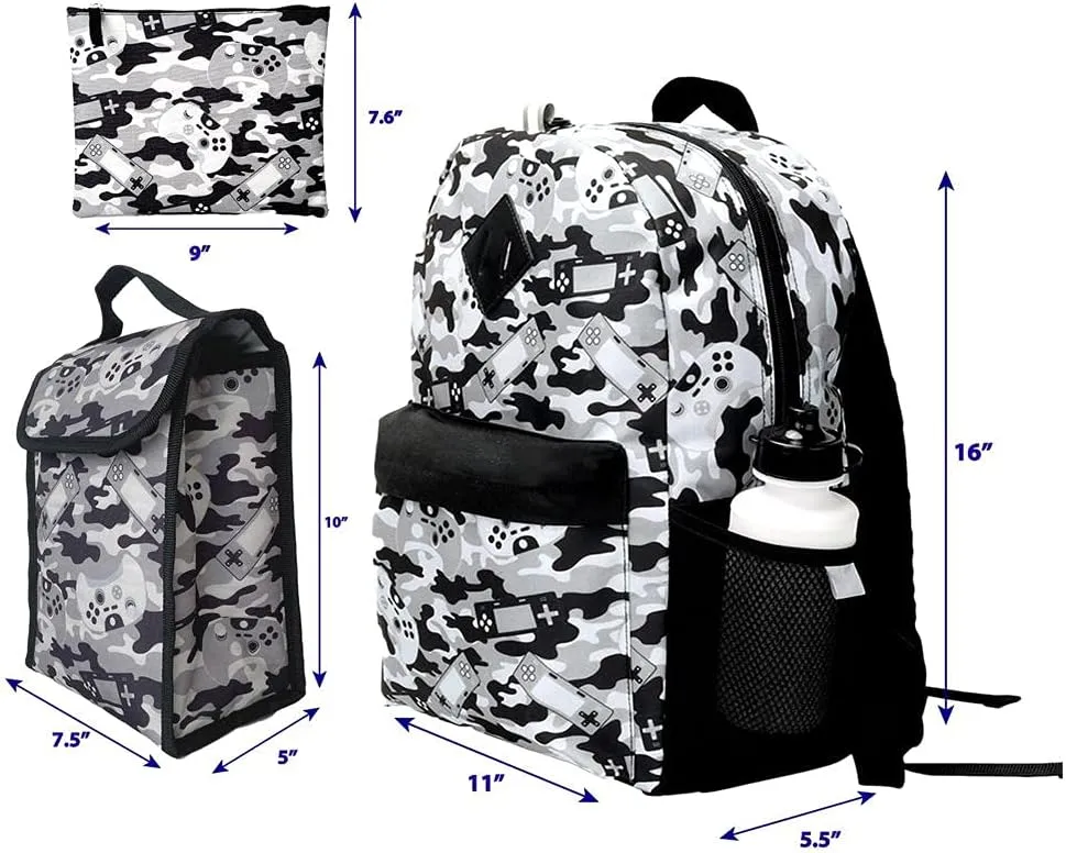 RALME Grey Gaming Camo Backpack Set for Boys & Girls, 16 inch, 6 Pieces - Includes Foldable Lunch Bag, Water Bottle, Key Chain, & Pencil Case