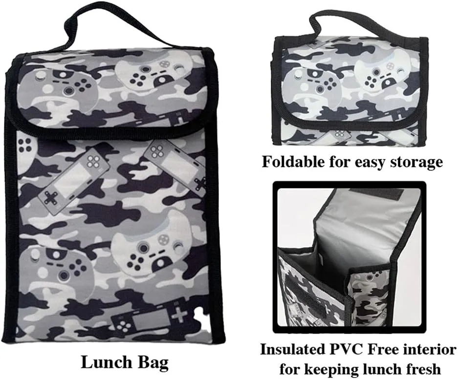 RALME Grey Gaming Camo Backpack Set for Boys & Girls, 16 inch, 6 Pieces - Includes Foldable Lunch Bag, Water Bottle, Key Chain, & Pencil Case