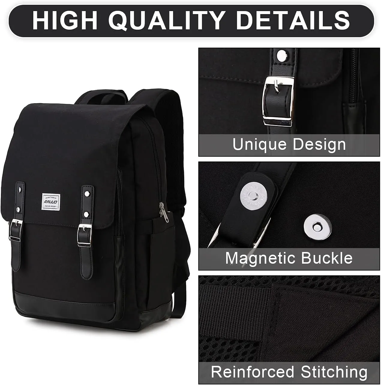 RAVUO Backpack Men Women, Water Resistant 15.6 inch Laptop Haversacks College Bag Casual Daypack Travel Flap Rucksack