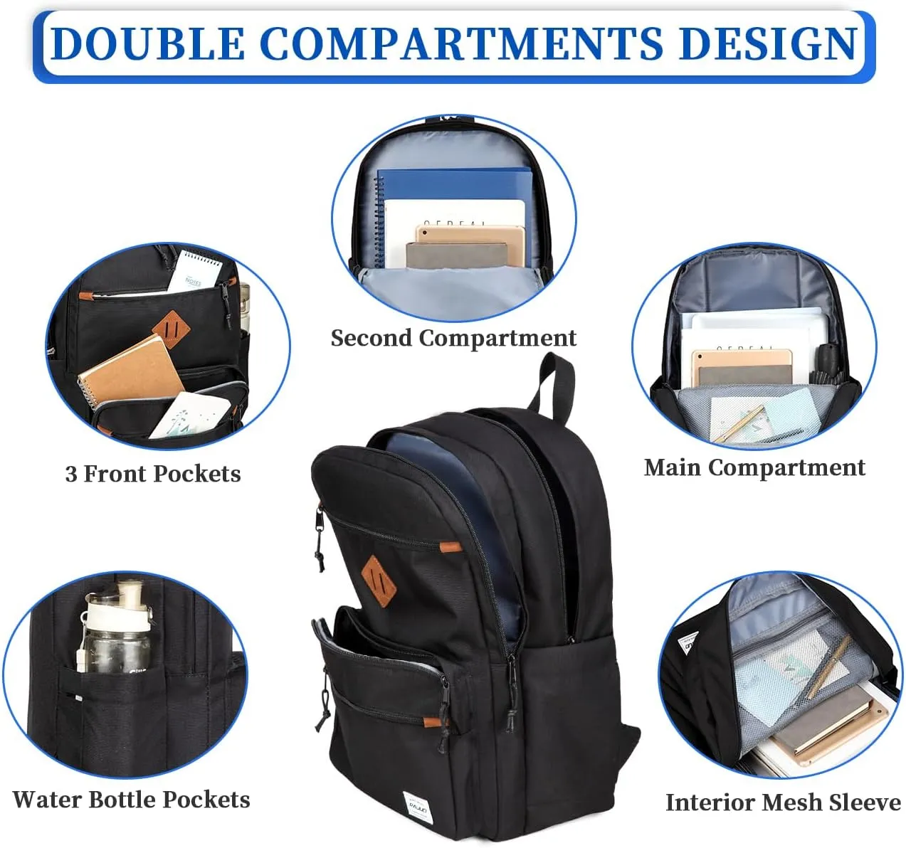 RAVUO School Backpack, Classic Lightweight Bookbag for Men Water Resistant Women Daypack Bag with Multi Pockets for High School,College,Travel,Work Black