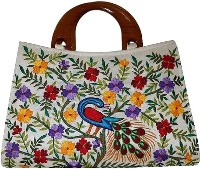 Raw Silk Fabric Embroidered Handbag | Floral/Peacock Designer Handbags for Girls and Women | Embroidery Hand Bag | Ethnic Handbag, White