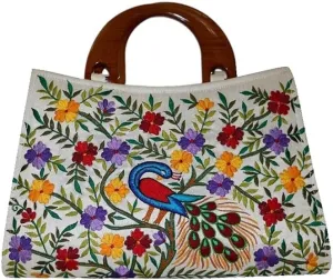 Raw Silk Fabric Embroidered Handbag | Floral/Peacock Designer Handbags for Girls and Women | Embroidery Hand Bag | Ethnic Handbag, White