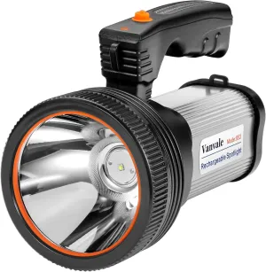 Rechargeable Searchlight Handheld LED Tactical Flashlight with Handle Spotlight 6000 Lumens High-Power Super Bright Torch with USB Output Torch (Silver)