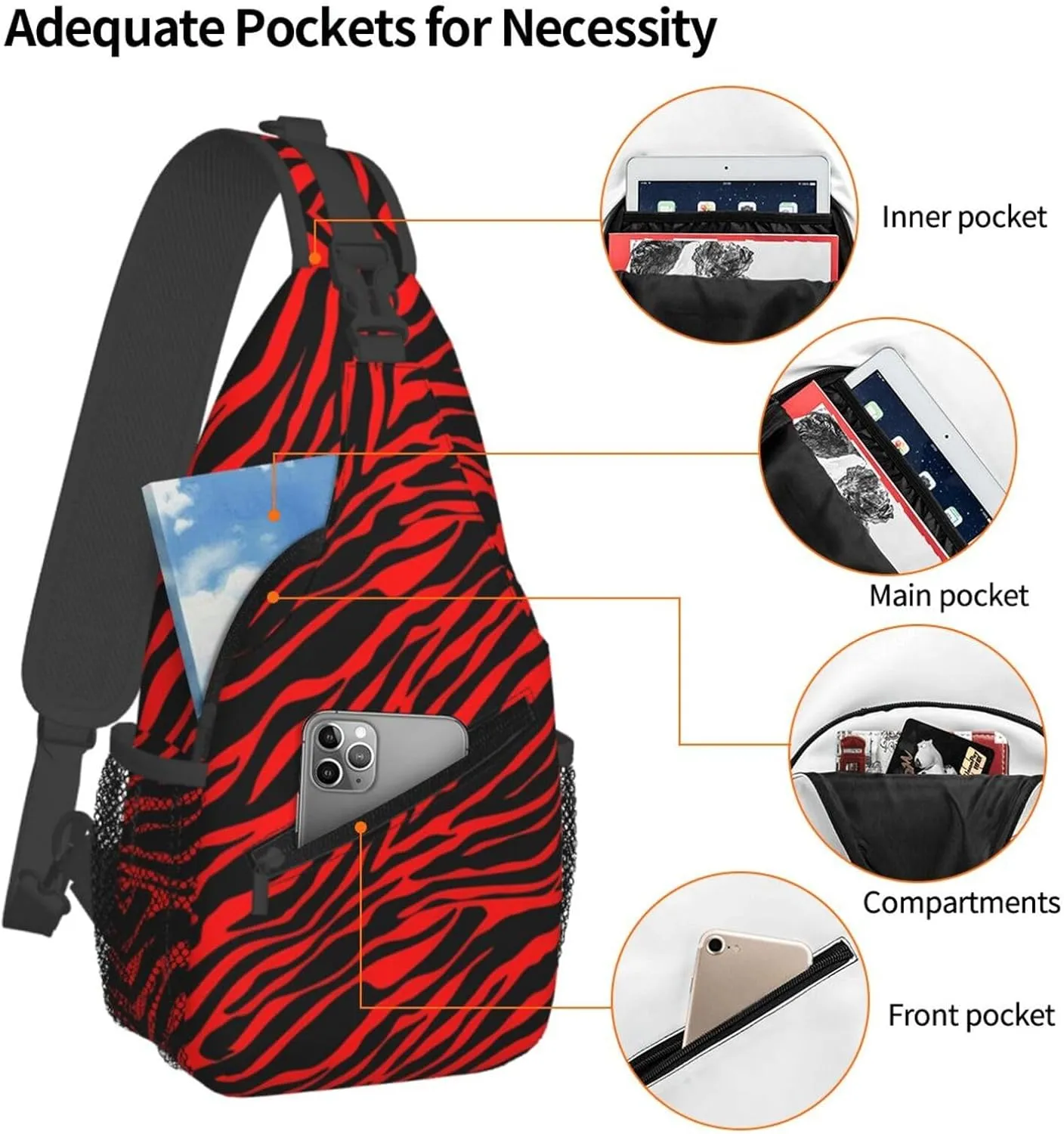 Red Black Zebra Stripe Crossbody Bag Cross Chest Bag Adjustable Sling Backpack Sports Gym Shoulder Bags Travel Cycling Daypack Diagonally Casual Rucksack