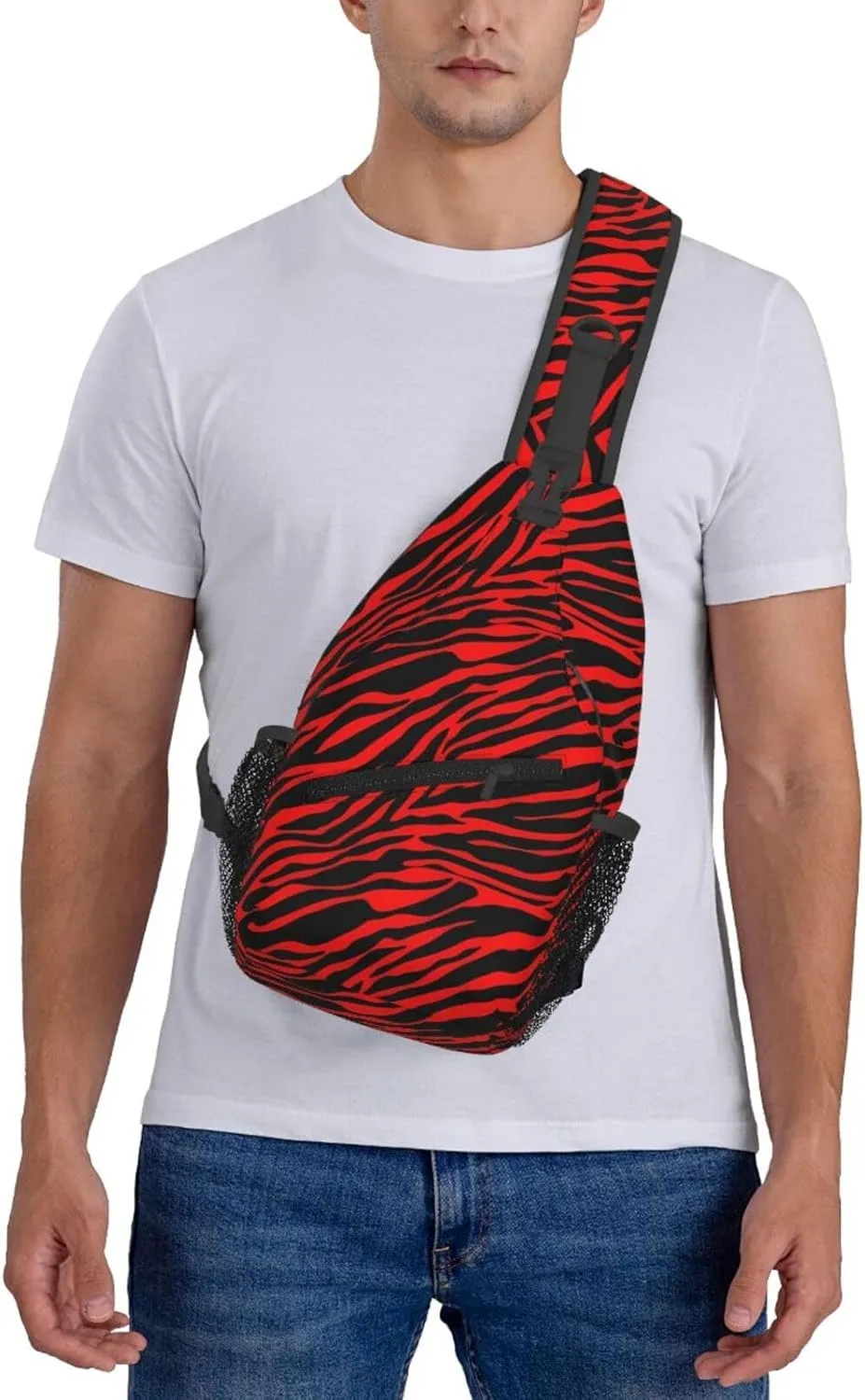 Red Black Zebra Stripe Crossbody Bag Cross Chest Bag Adjustable Sling Backpack Sports Gym Shoulder Bags Travel Cycling Daypack Diagonally Casual Rucksack