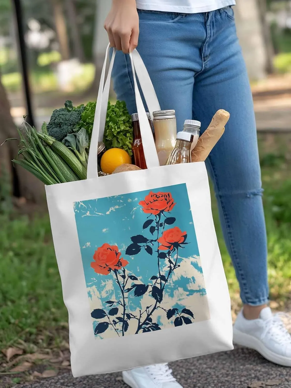 Red Botanical Floral Herbs Canvas Tote Bag, Aesthetic Canvas Tote Handbags for Women Shoulder Bag