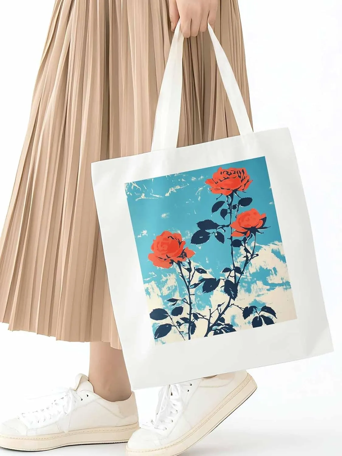 Red Botanical Floral Herbs Canvas Tote Bag, Aesthetic Canvas Tote Handbags for Women Shoulder Bag