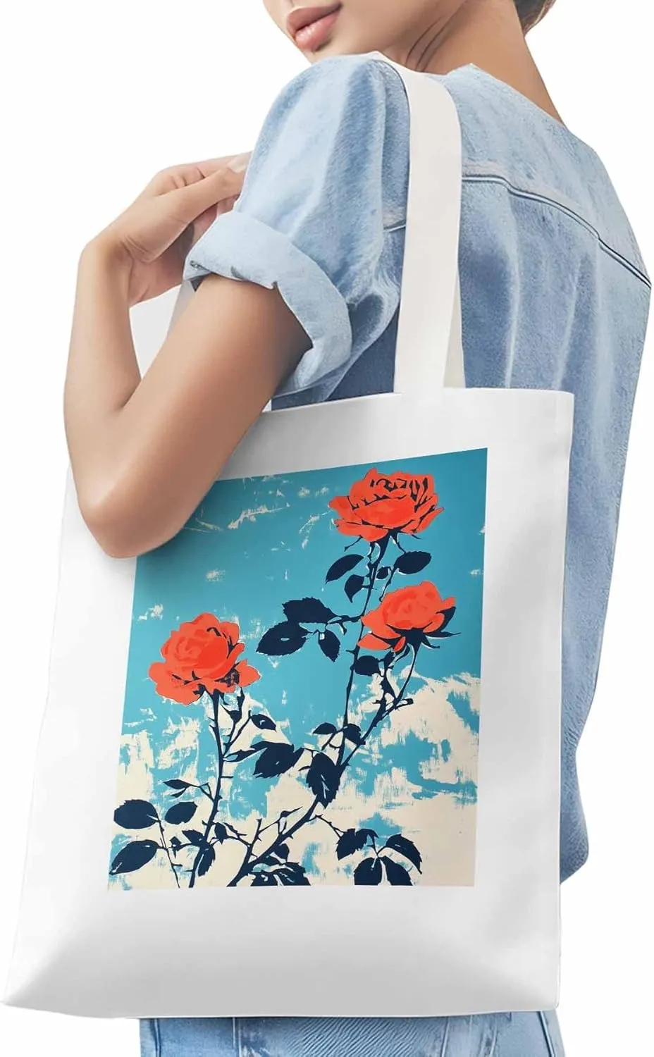Red Botanical Floral Herbs Canvas Tote Bag, Aesthetic Canvas Tote Handbags for Women Shoulder Bag