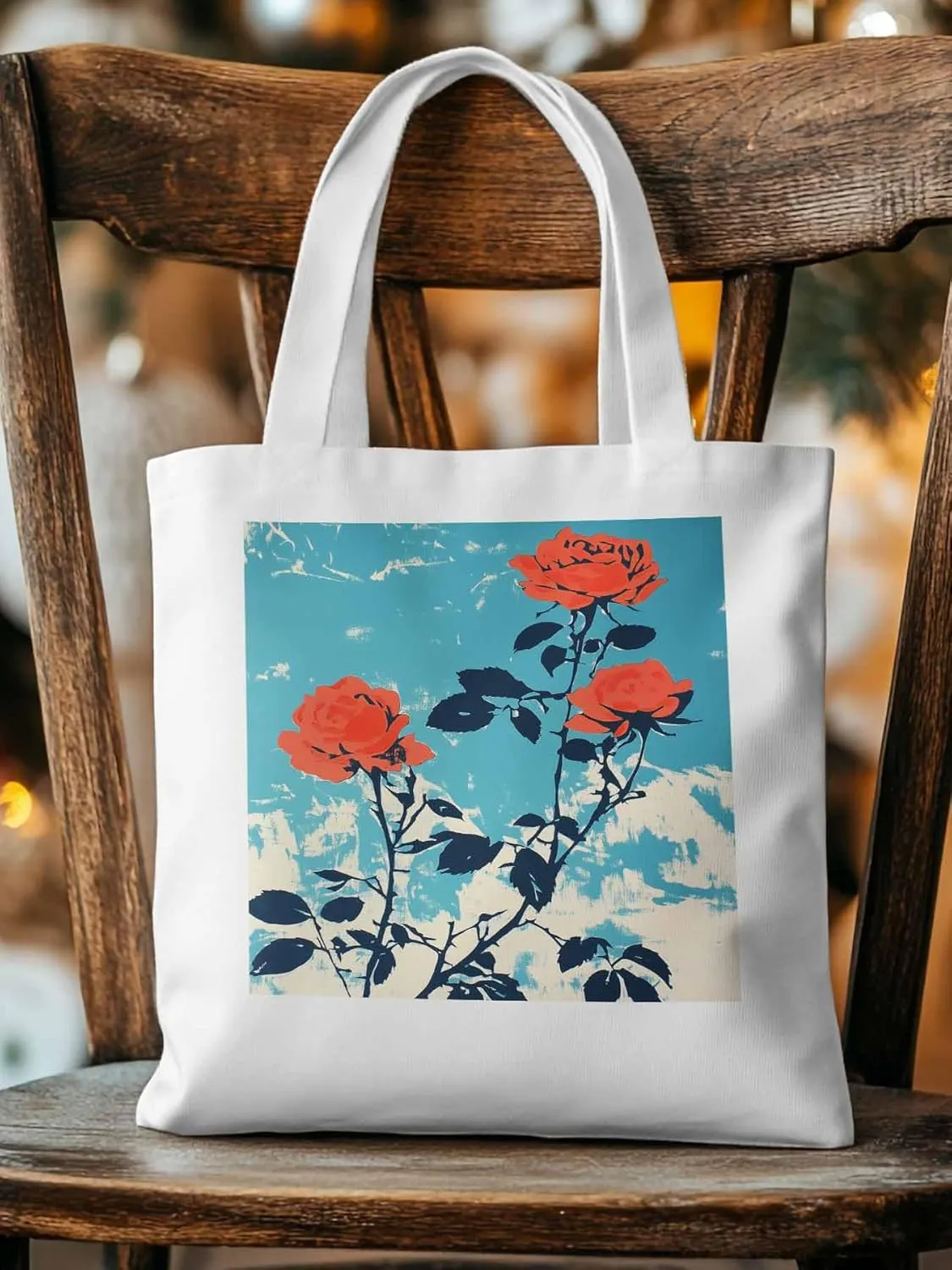 Red Botanical Floral Herbs Canvas Tote Bag, Aesthetic Canvas Tote Handbags for Women Shoulder Bag