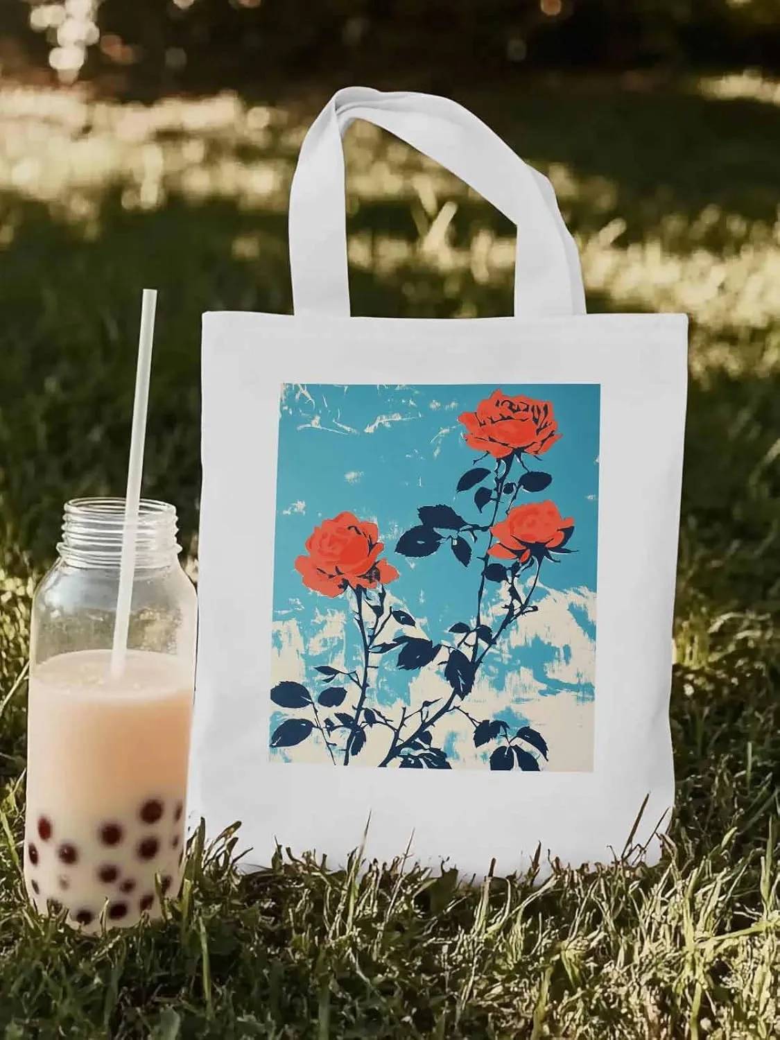 Red Botanical Floral Herbs Canvas Tote Bag, Aesthetic Canvas Tote Handbags for Women Shoulder Bag