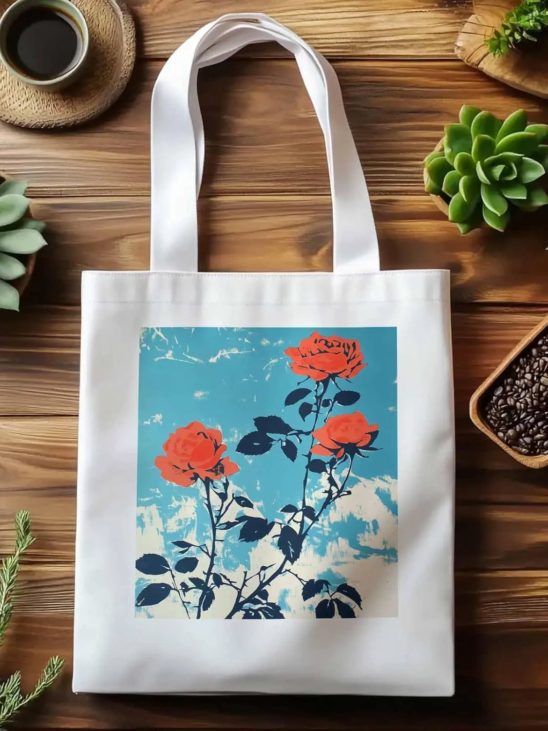 Red Botanical Floral Herbs Canvas Tote Bag, Aesthetic Canvas Tote Handbags for Women Shoulder Bag