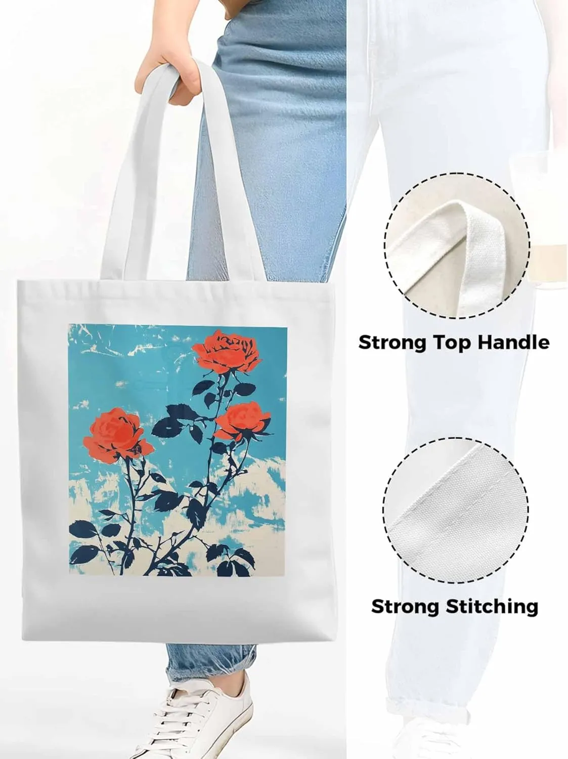 Red Botanical Floral Herbs Canvas Tote Bag, Aesthetic Canvas Tote Handbags for Women Shoulder Bag