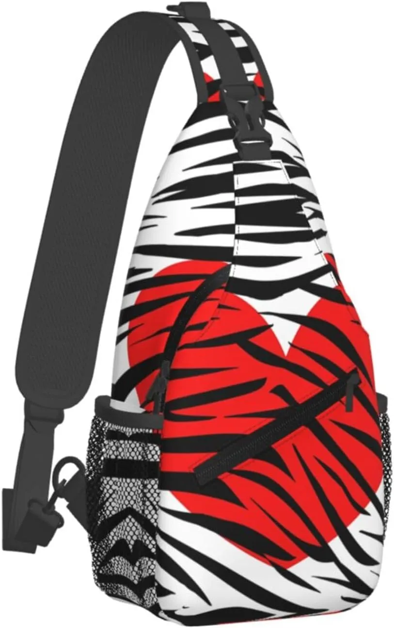 Red Hearts Zebra Stripes Crossbody Bag Cross Chest Bag Adjustable Sling Backpack Sports Gym Shoulder Bags Travel Cycling Daypack Diagonally Casual Rucksack