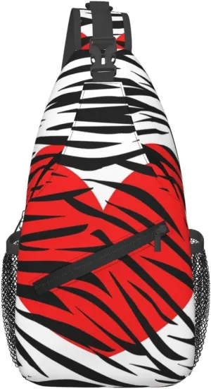 Red Hearts Zebra Stripes Crossbody Bag Cross Chest Bag Adjustable Sling Backpack Sports Gym Shoulder Bags Travel Cycling Daypack Diagonally Casual Rucksack