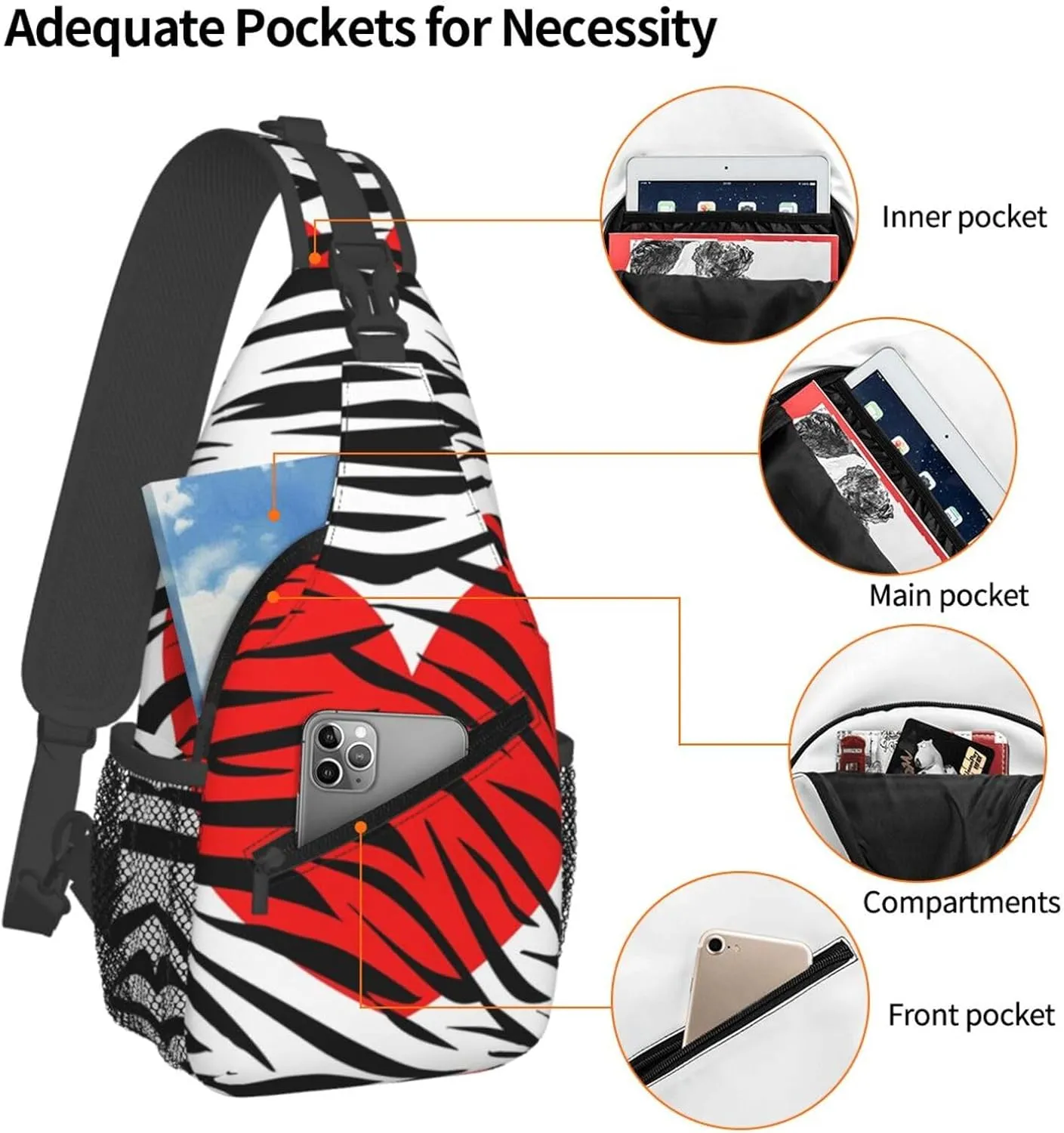 Red Hearts Zebra Stripes Crossbody Bag Cross Chest Bag Adjustable Sling Backpack Sports Gym Shoulder Bags Travel Cycling Daypack Diagonally Casual Rucksack