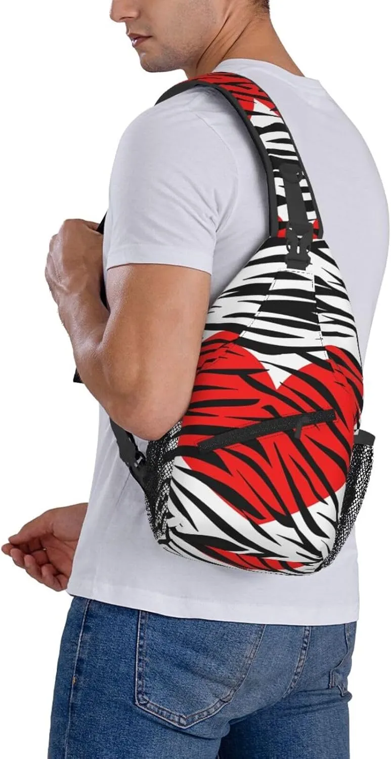 Red Hearts Zebra Stripes Crossbody Bag Cross Chest Bag Adjustable Sling Backpack Sports Gym Shoulder Bags Travel Cycling Daypack Diagonally Casual Rucksack