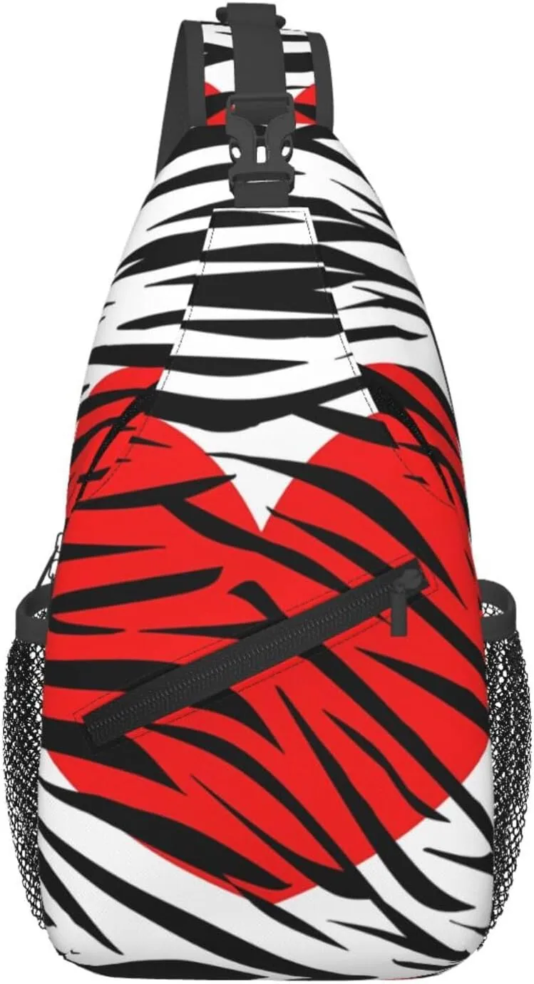 Red Hearts Zebra Stripes Crossbody Bag Cross Chest Bag Adjustable Sling Backpack Sports Gym Shoulder Bags Travel Cycling Daypack Diagonally Casual Rucksack