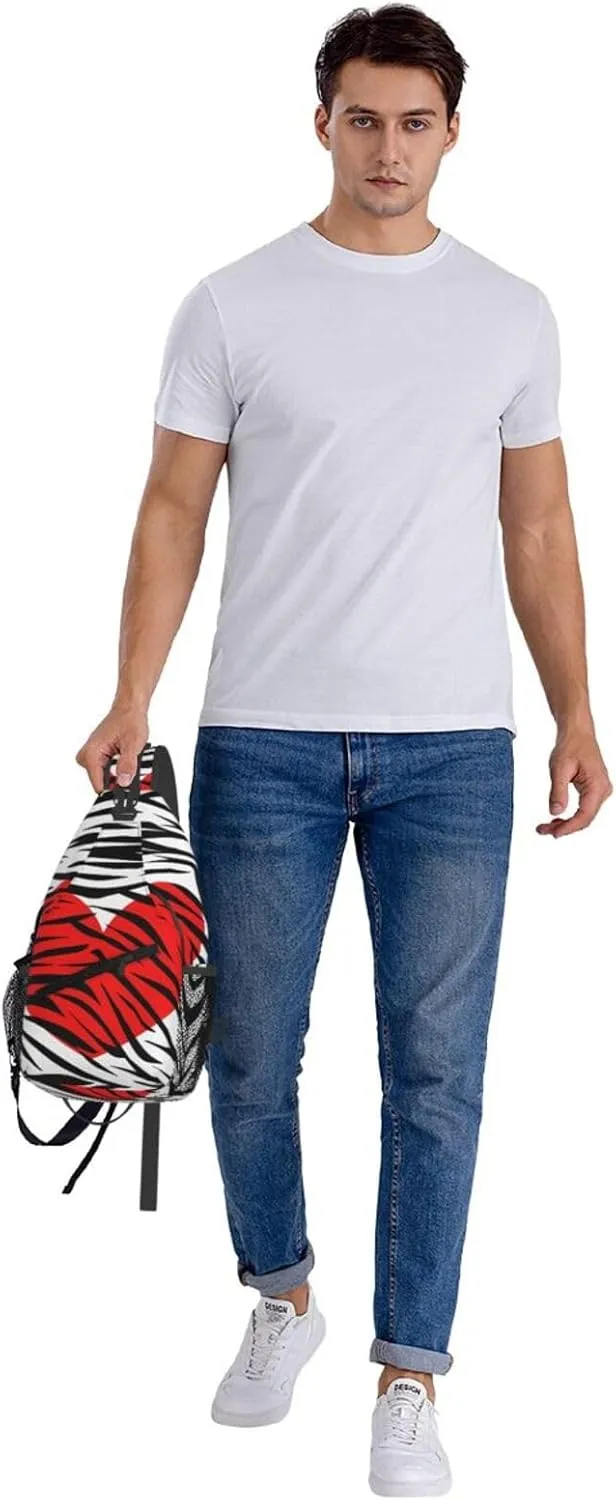 Red Hearts Zebra Stripes Crossbody Bag Cross Chest Bag Adjustable Sling Backpack Sports Gym Shoulder Bags Travel Cycling Daypack Diagonally Casual Rucksack