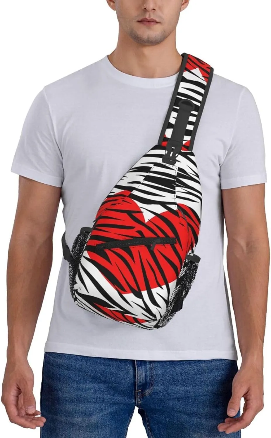Red Hearts Zebra Stripes Crossbody Bag Cross Chest Bag Adjustable Sling Backpack Sports Gym Shoulder Bags Travel Cycling Daypack Diagonally Casual Rucksack