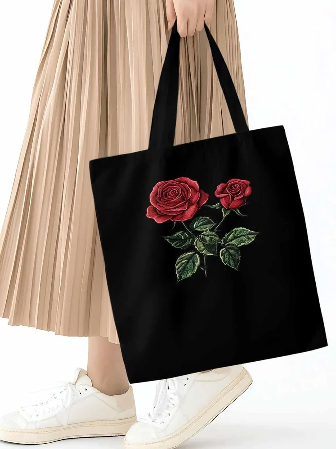 Red Roses Botanical Floral Canvas Tote Bag, Aesthetic Canvas Tote Handbags for Women Shoulder Bag