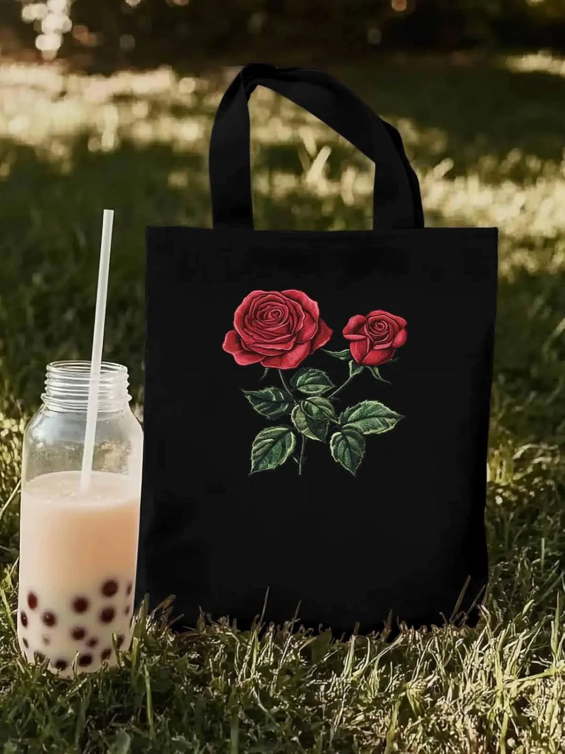 Red Roses Botanical Floral Canvas Tote Bag, Aesthetic Canvas Tote Handbags for Women Shoulder Bag