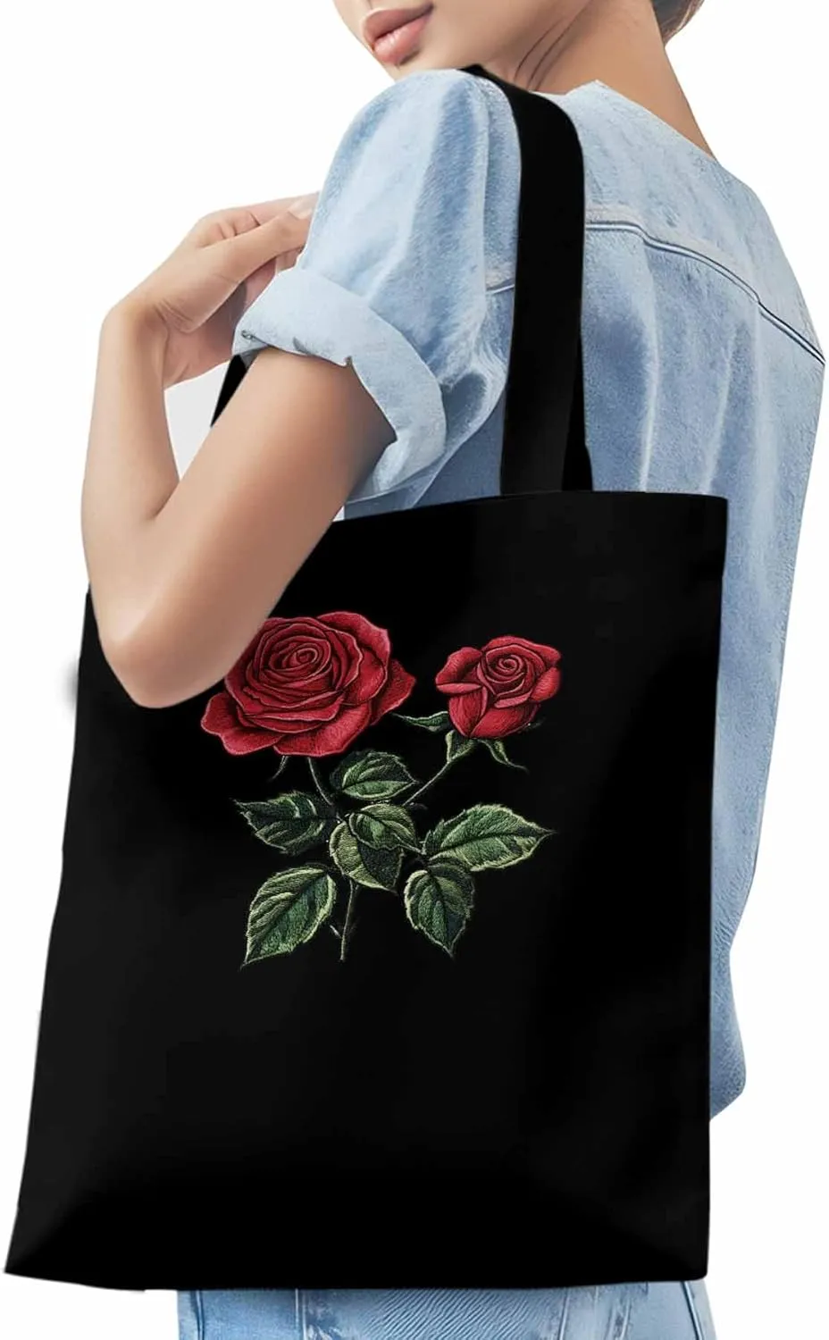 Red Roses Botanical Floral Canvas Tote Bag, Aesthetic Canvas Tote Handbags for Women Shoulder Bag