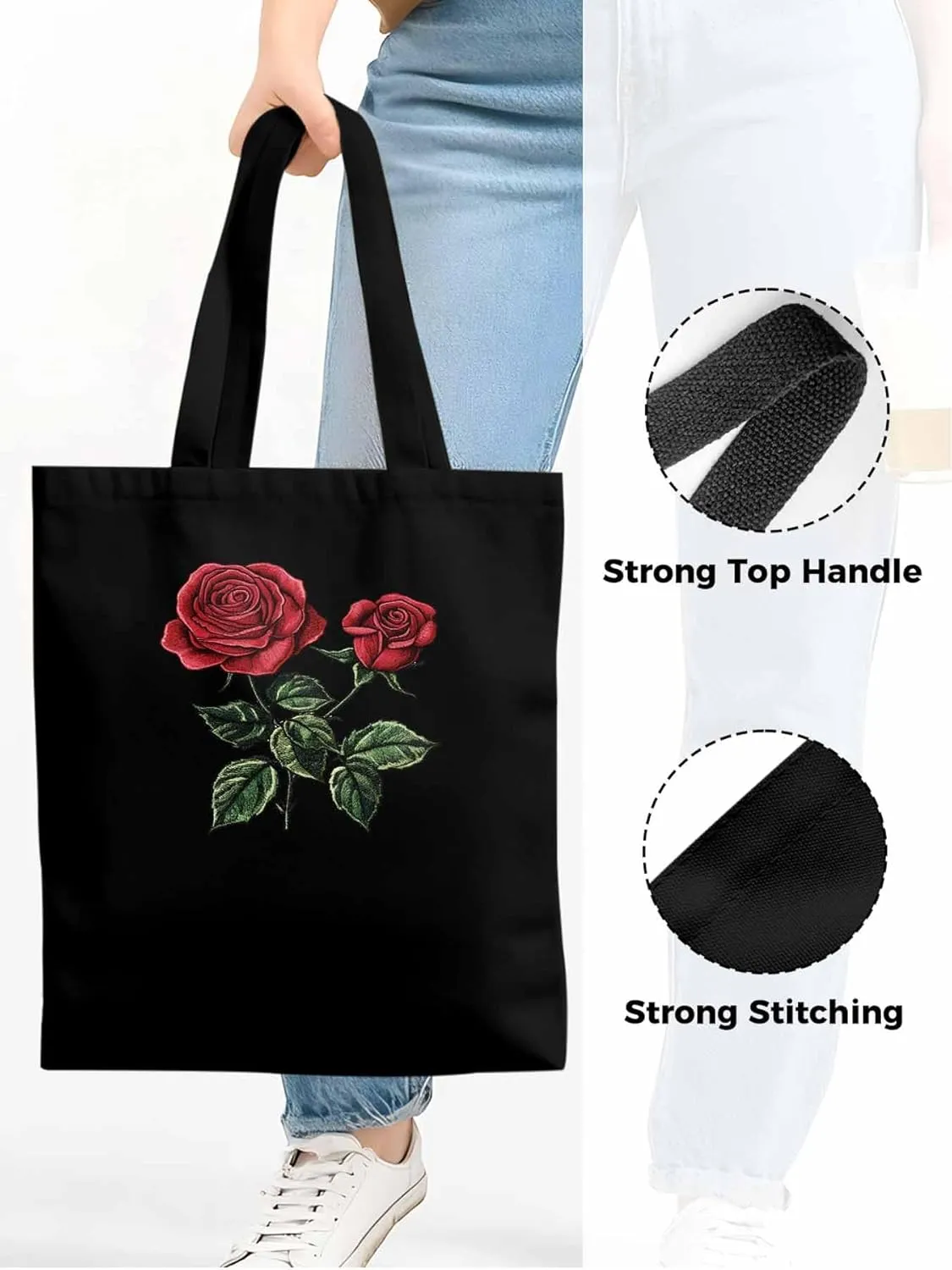 Red Roses Botanical Floral Canvas Tote Bag, Aesthetic Canvas Tote Handbags for Women Shoulder Bag