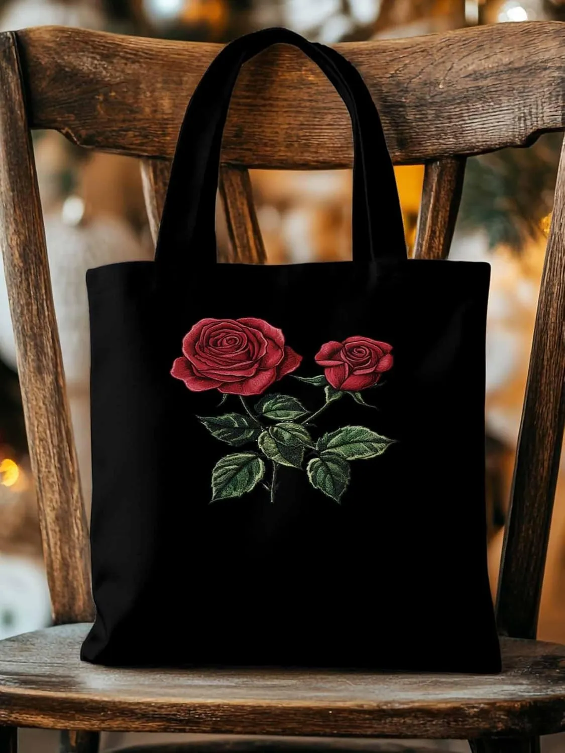 Red Roses Botanical Floral Canvas Tote Bag, Aesthetic Canvas Tote Handbags for Women Shoulder Bag