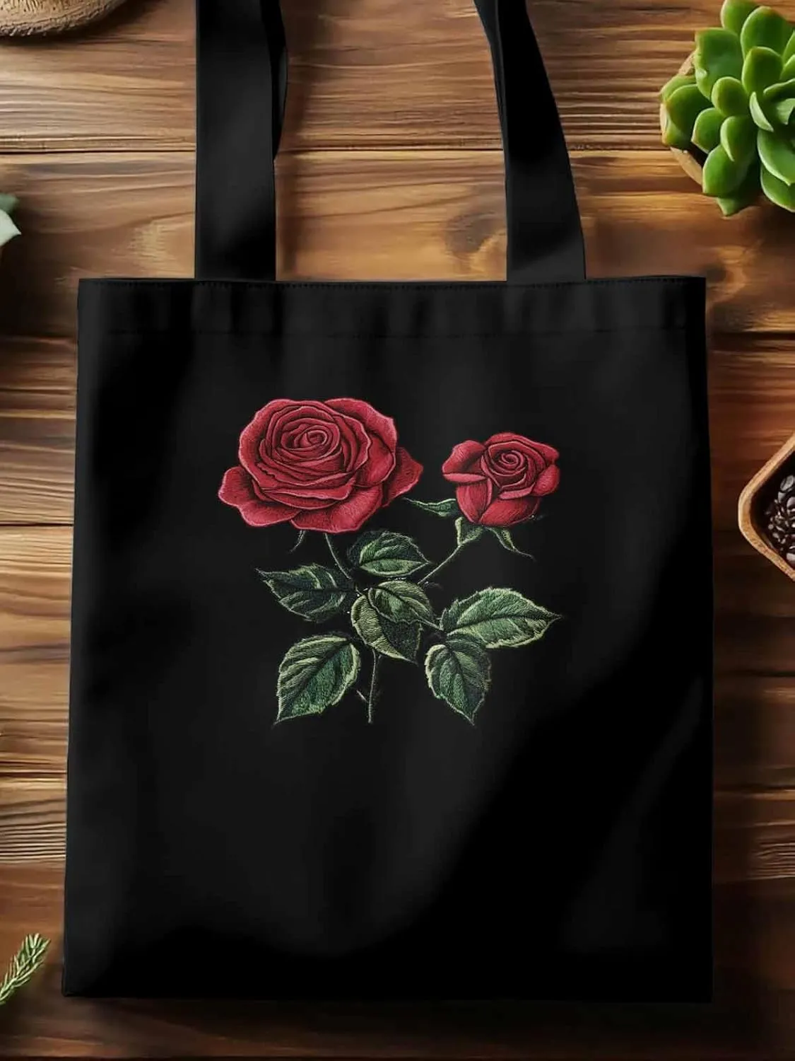 Red Roses Botanical Floral Canvas Tote Bag, Aesthetic Canvas Tote Handbags for Women Shoulder Bag