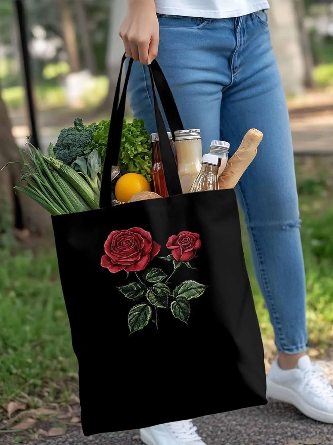 Red Roses Botanical Floral Canvas Tote Bag, Aesthetic Canvas Tote Handbags for Women Shoulder Bag