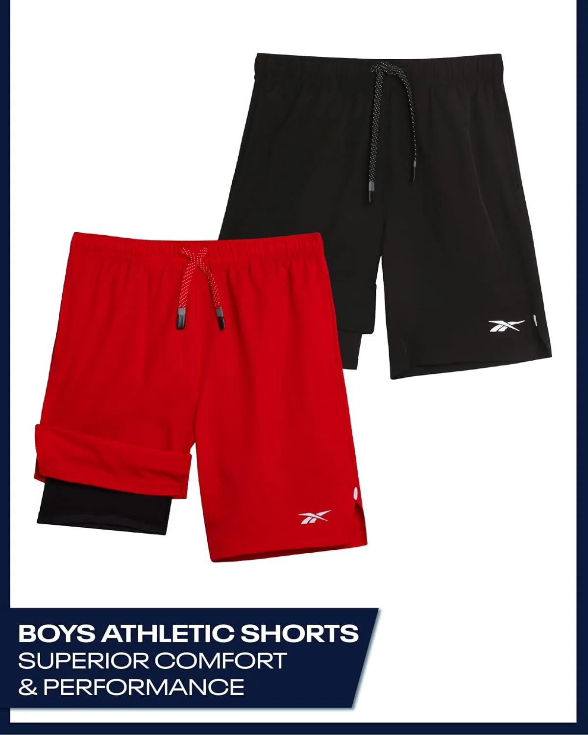 Reebok Boys Athletic Shorts 2 Pack – 2-in-1 Boys Basketball Shorts with Compression Liner – Quick Dry Running Shorts