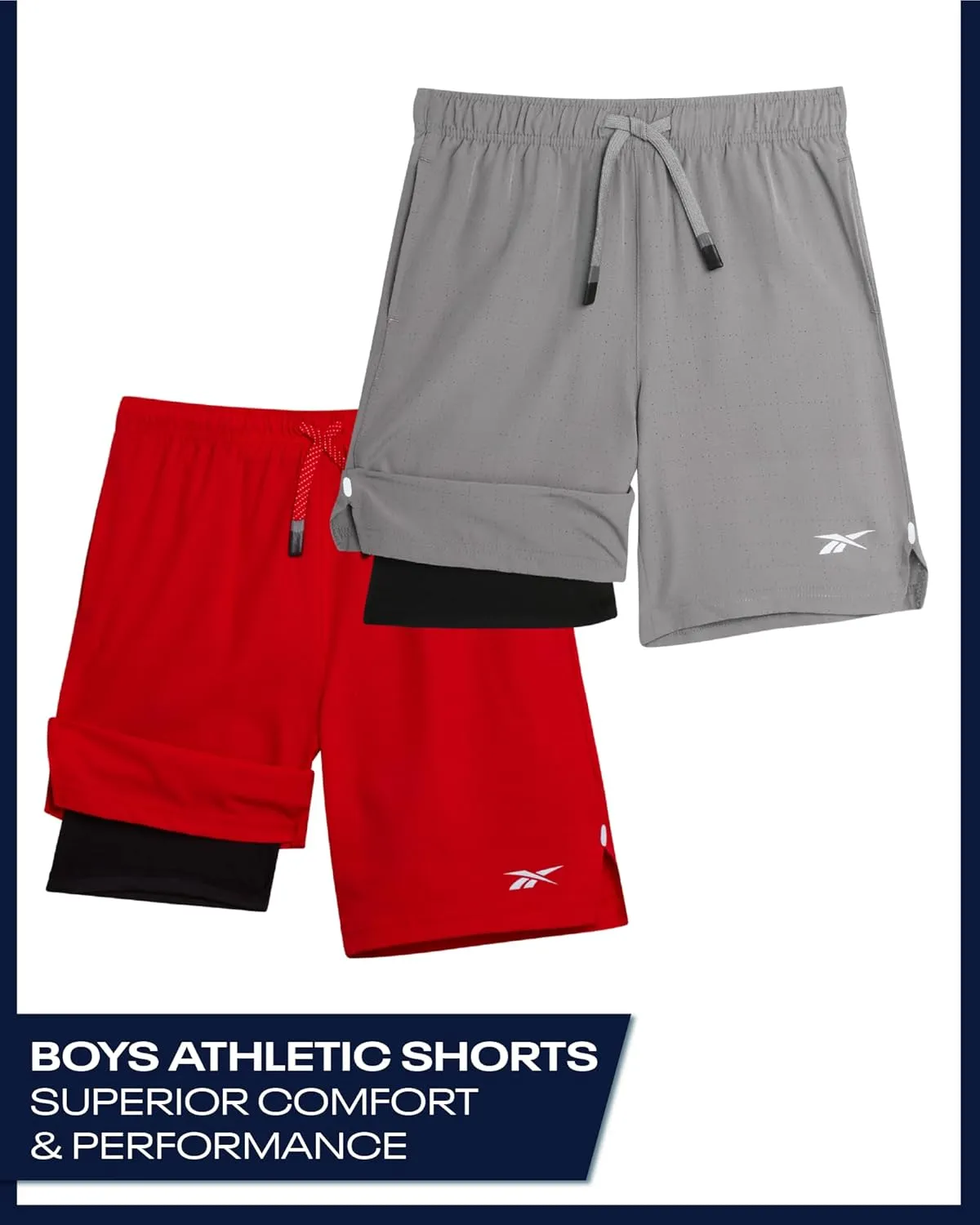 Reebok Boys Athletic Shorts 2 Pack – 2-in-1 Boys Basketball Shorts with Compression Liner – Quick Dry Running Shorts