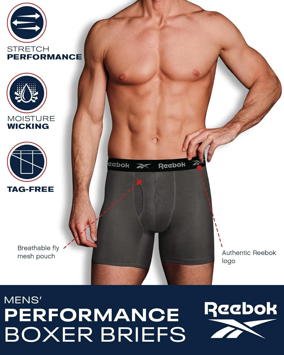 Reebok Mens Boxer Briefs - 4 Pack Stretch Performance Mens Underwear Boxers with Functional Fly Pouch (Sizes: S-XL)