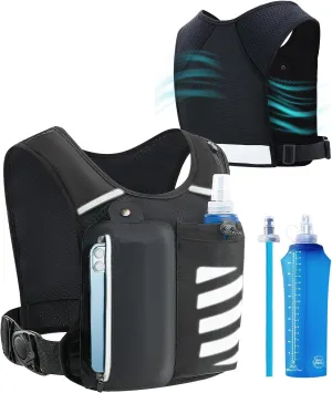 Reflective Running Vest with Water Bottle Phone Holder for Women/Men, Hydration Gear Back Pack/Backpack, Light Weight Chest Bag Run Essential Accessory for Marathon Runner Walking Trail Rucking, Black