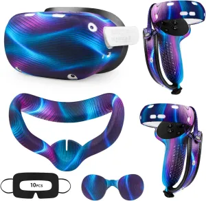 Relohas Accessories for Oculus Quest 2, VR Accessory Set for Meta Quest 2, Include Controller Grip Leather Cover, VR Shell Cover, Face Cover, The Best Gifts for Christmas and Halloween(Aurora Blue)