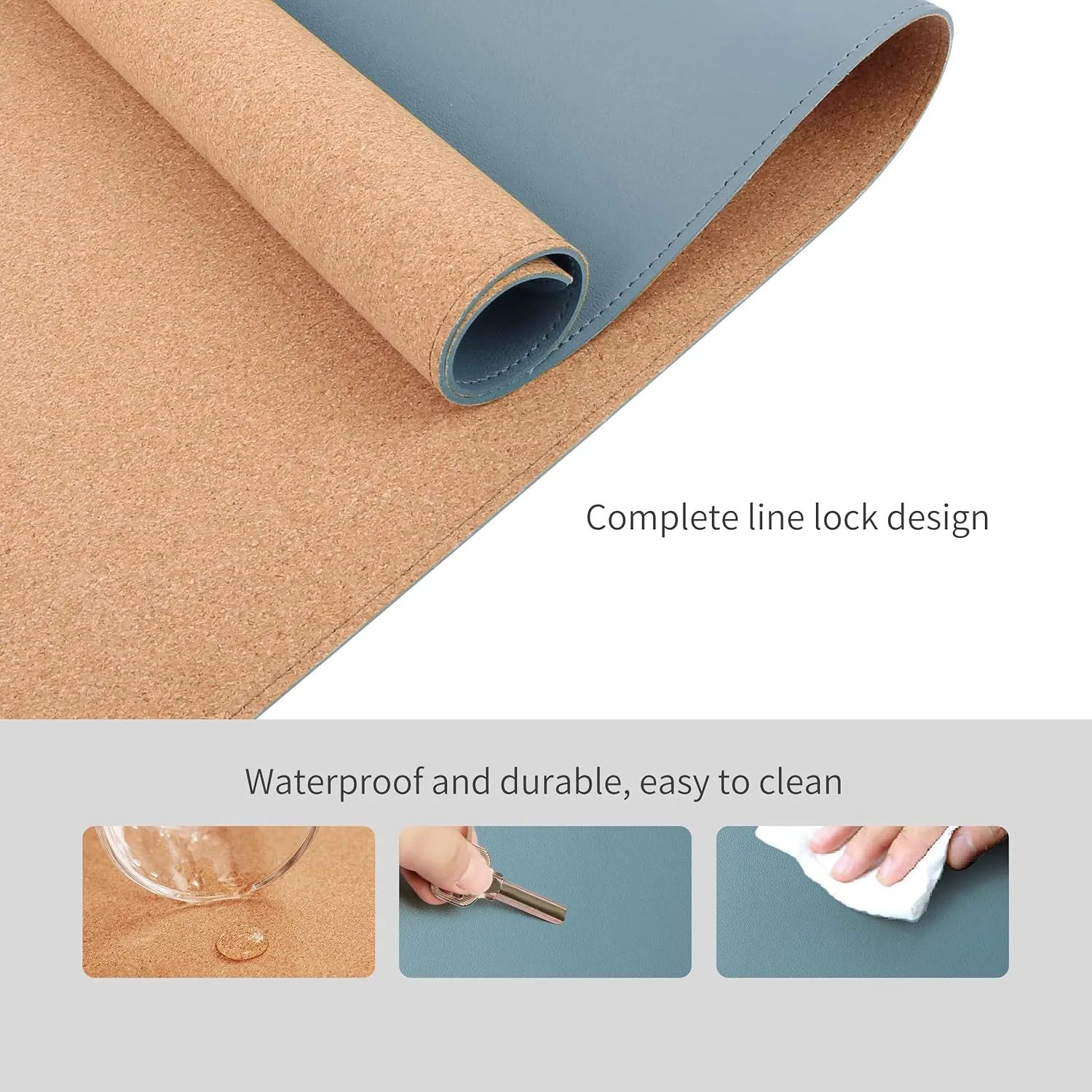 RENMTURE Dual-Sided Mouse Pad, Natural Cork & PU Leather Large Desk Pad for Office and Home Work, Desk Protector Non-Slip, Waterproof, Easy Clean (Blue Gray,47"x17")