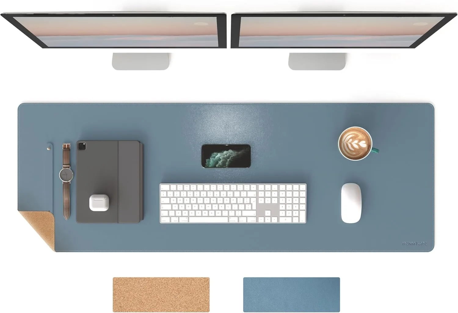 RENMTURE Dual-Sided Mouse Pad, Natural Cork & PU Leather Large Desk Pad for Office and Home Work, Desk Protector Non-Slip, Waterproof, Easy Clean (Blue Gray,47"x17")
