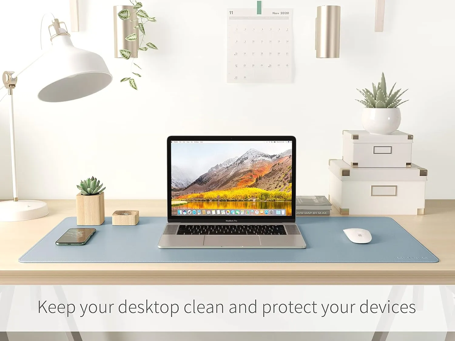 RENMTURE Dual-Sided Mouse Pad, Natural Cork & PU Leather Large Desk Pad for Office and Home Work, Desk Protector Non-Slip, Waterproof, Easy Clean (Blue Gray,47"x17")
