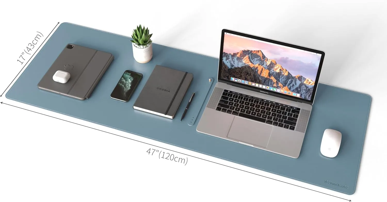 RENMTURE Dual-Sided Mouse Pad, Natural Cork & PU Leather Large Desk Pad for Office and Home Work, Desk Protector Non-Slip, Waterproof, Easy Clean (Blue Gray,47"x17")