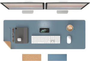 RENMTURE Dual-Sided Mouse Pad, Natural Cork & PU Leather Large Desk Pad for Office and Home Work, Desk Protector Non-Slip, Waterproof, Easy Clean (Blue Gray,47"x17")